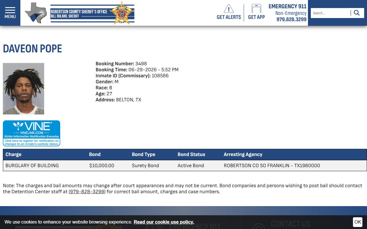 Robertson County jail mugshot and public inmate profile fields